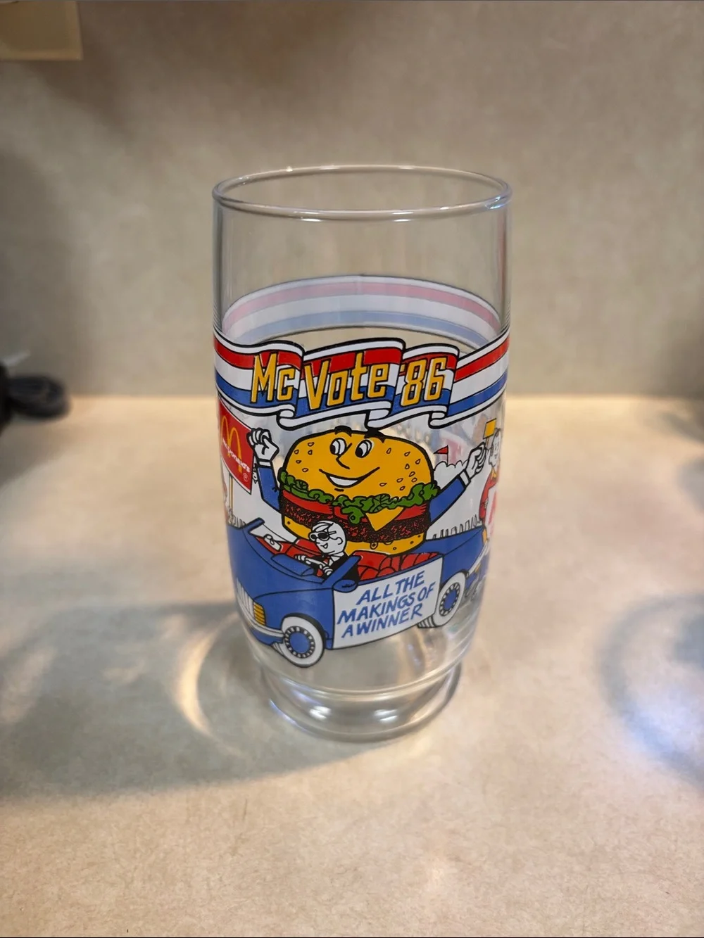 1986 Vintage McVote McD.L.T. Burger of Year McDonalds Election Collectable Glass